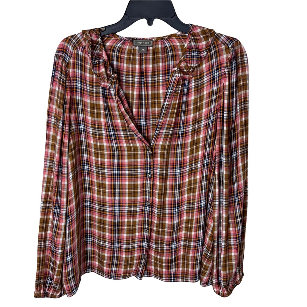 J Crew Point Sur Plaid Ruffle Top XL - Picture 2 of 12